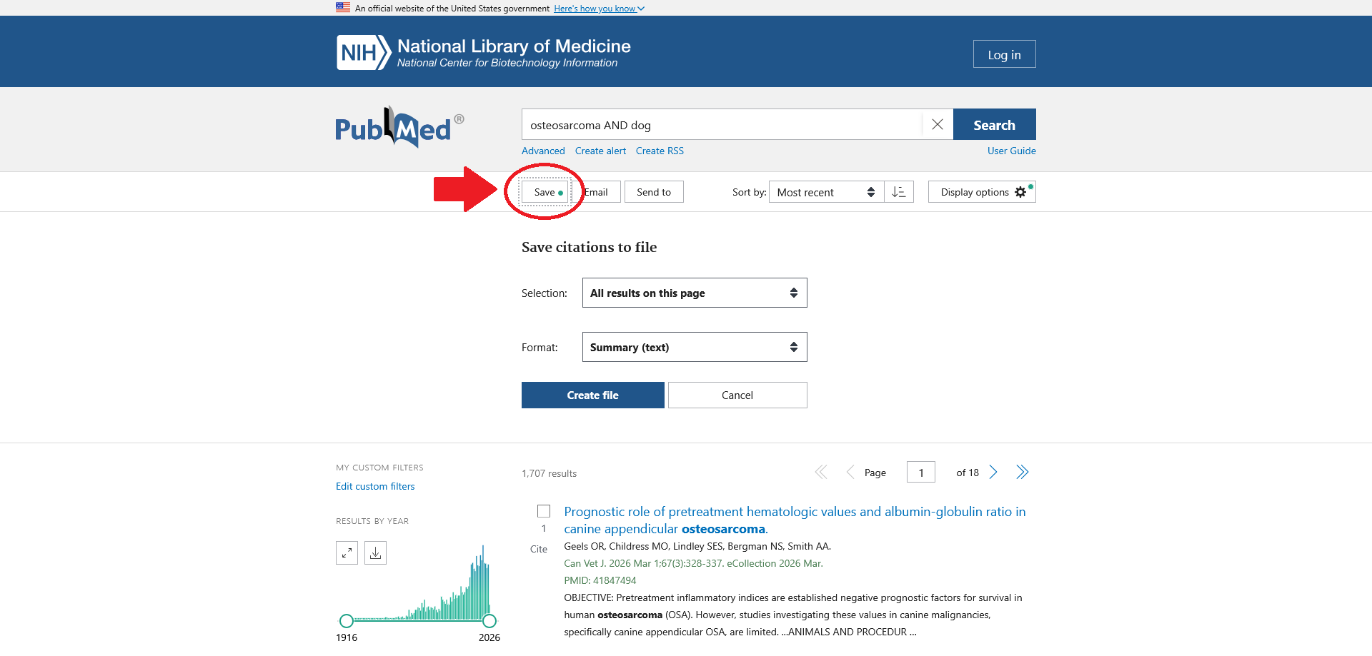 PubMed Save button screenshot