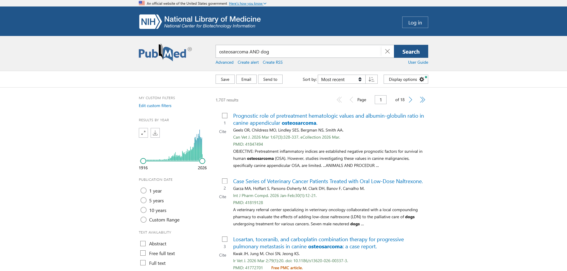 PubMed search results screenshot