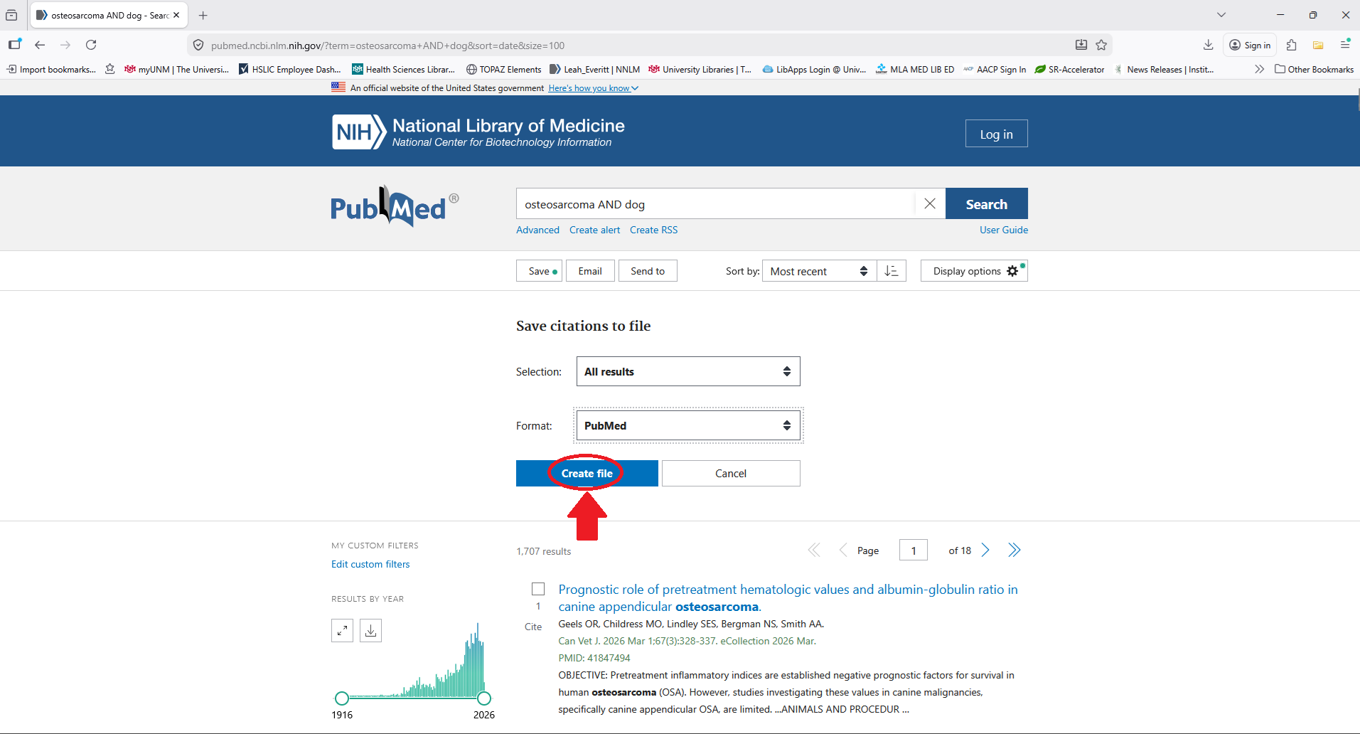 PubMed Create file button screenshot