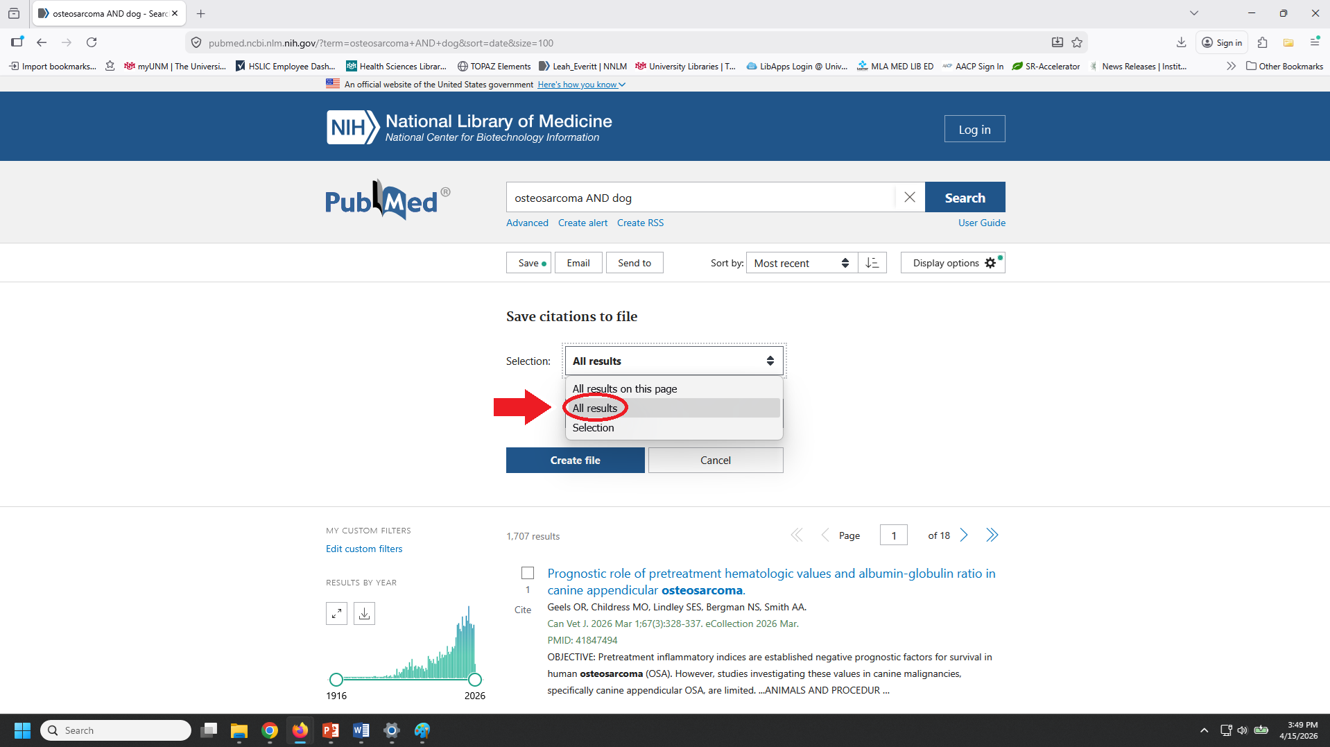 PubMed All results selection screenshot