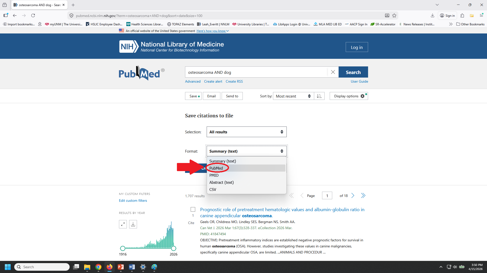 PubMed format selection screenshot